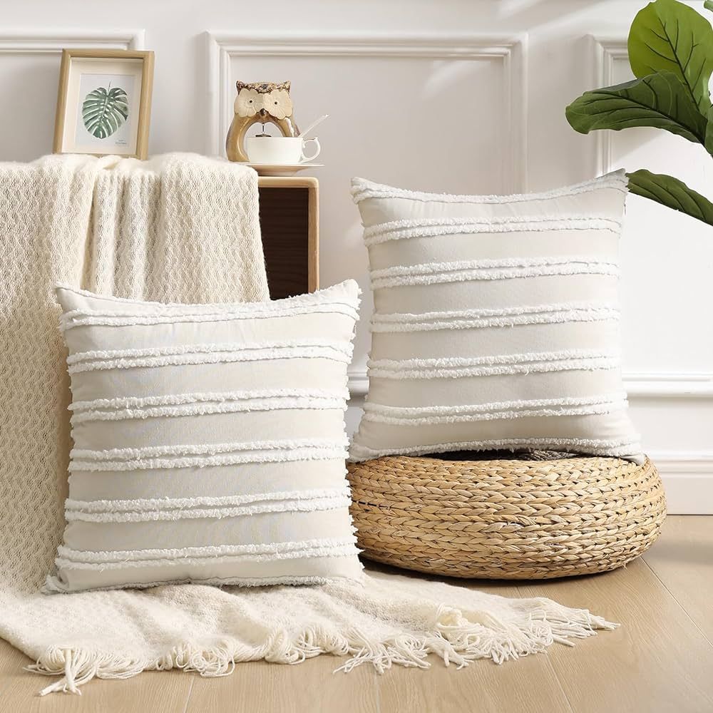 Pallene Boho Decorative Throw Pillow Covers, Neutral Striped Pillow Covers 18X18 Set of 2, Beige ... | Amazon (US)