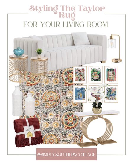 Styled rugs / my rug collection styled / living room decor / living room style / Amazon rug / gold & marble console table / hold side tables / colorful wall art / Amazon throw blanket / chic while lamp / white vases 

#LTKhome #LTKstyletip #LTKSeasonal