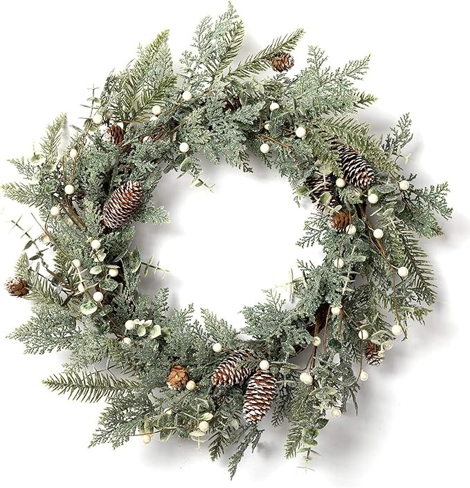 LOHASBEE Artificial Christmas Wreath, 24" Pine Cone Grapevine Flocked Glitter Fir Wreath with Whi... | Amazon (US)