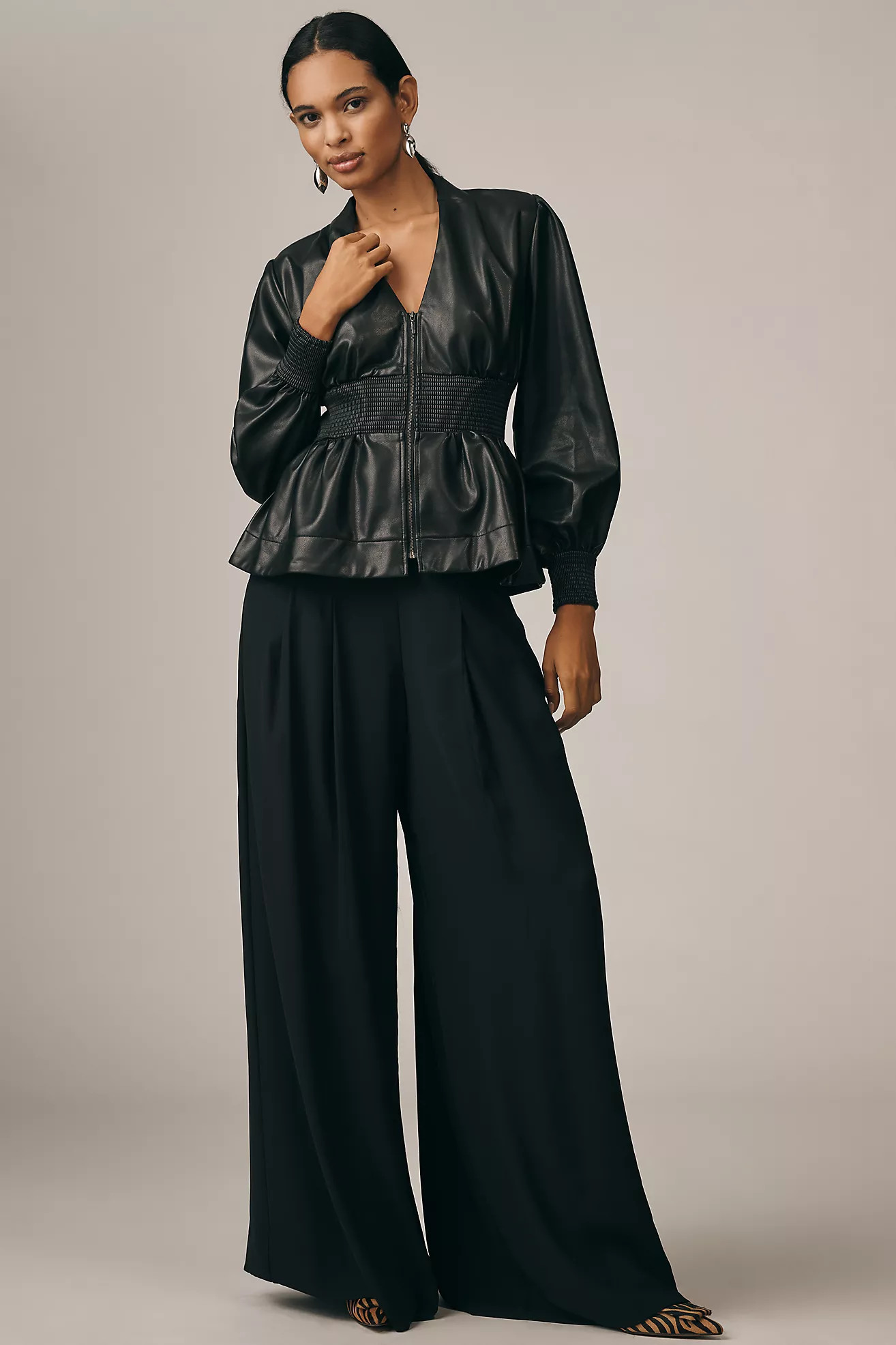 The Tommie Long-Sleeve Faux Leather Smocked Front-Zip Blouse | Anthropologie (US)
