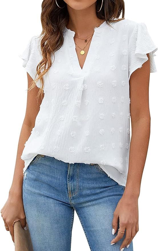 XPYIFF Womens Short Sleeve Tops V Neck Chiffon Blouses Dressy Casual Lace Pom Poms Shirts | Amazon (US)