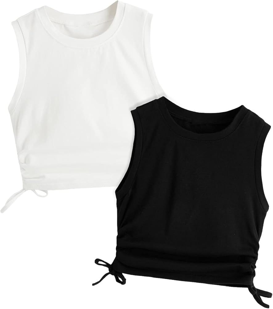 Milumia Girl's 2 Pack Ruched Knot Side Round Neck Sleeveless Basic Crop Tank Tops Black and White... | Amazon (US)