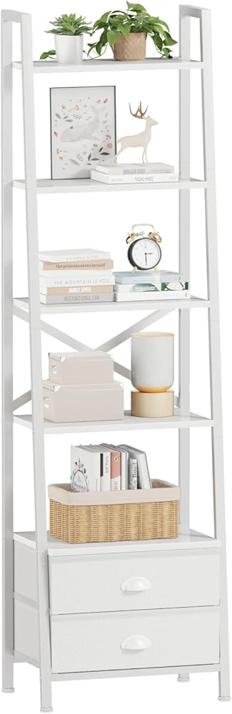 Furologee 5-Tier Ladder Shelf with 2 Drawers,Narrow Bookshelf Storage Shelves,Industrial Bookcase... | Amazon (US)