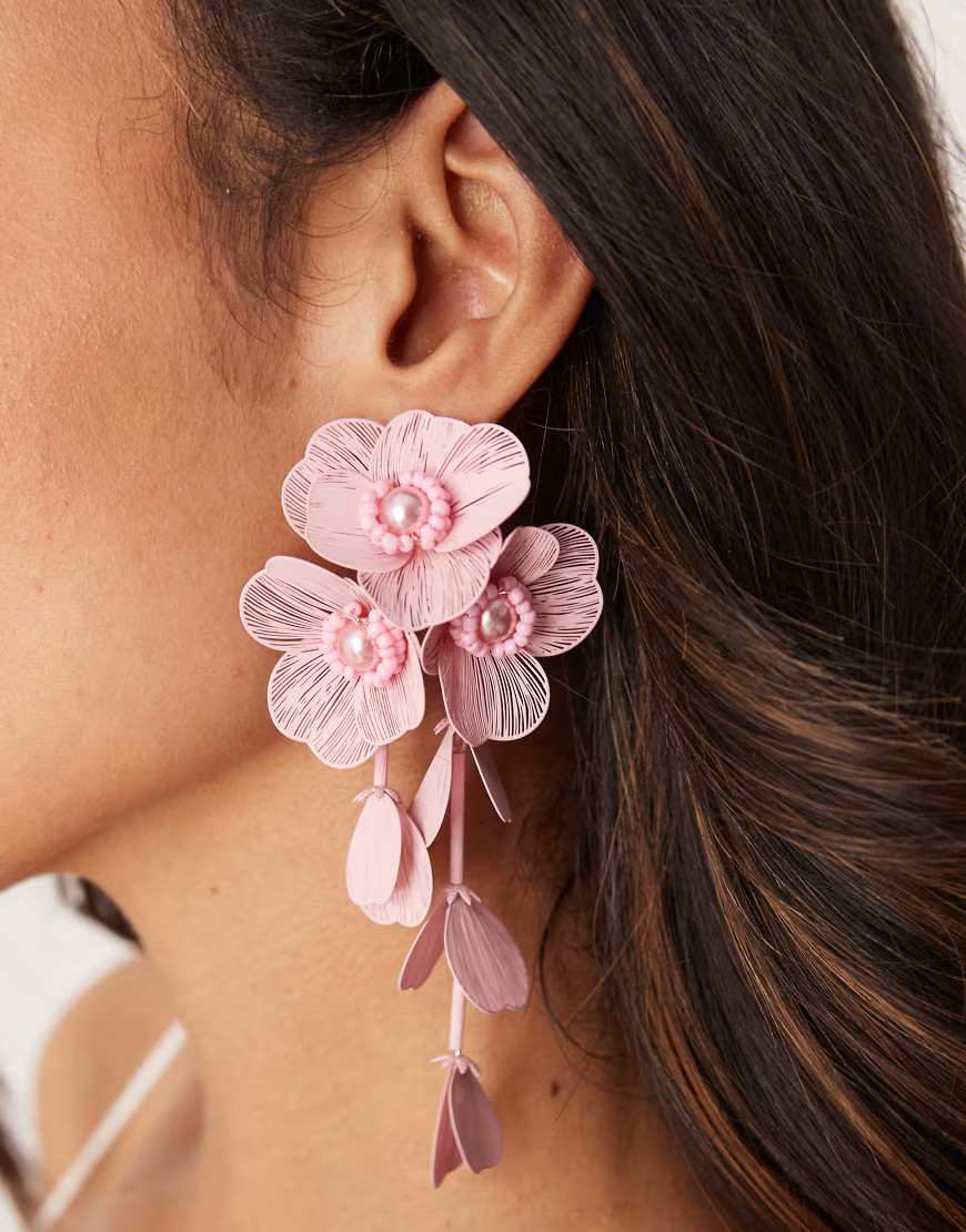 ASOS DESIGN drop earrings with 3D floral design in light pink | ASOS (Global)