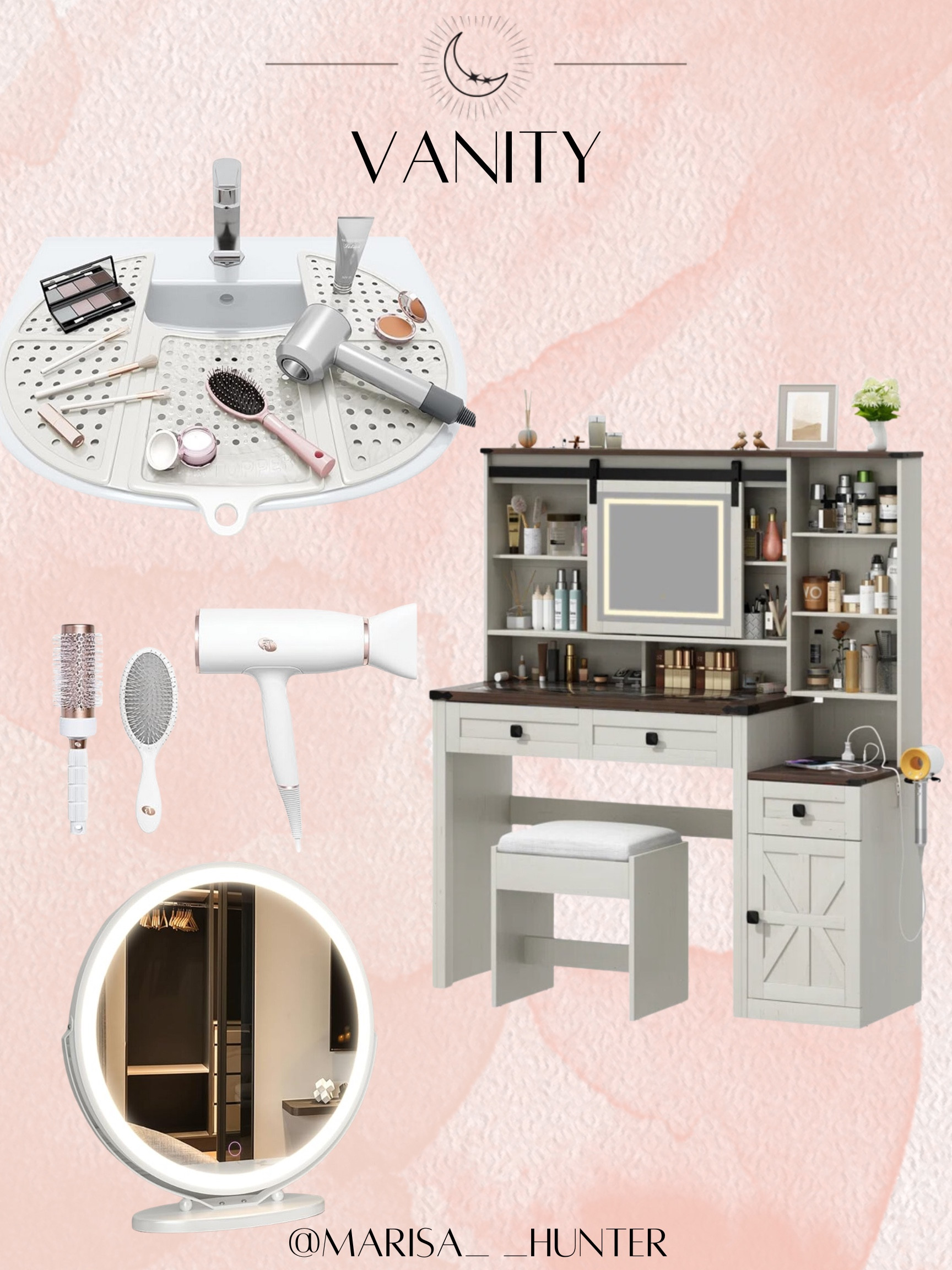 Modern cottage vanity 

Make up hair skincare mirror magnified mirror t3 hot tools sink topper storage organization 

#LTKHome #LTKBeauty