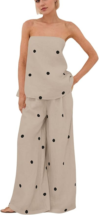 Women Polka Dot 2 Piece Outfits Spot Strapless Tube Top High Waist Wide Leg Pants Casual Lounge S... | Amazon (US)