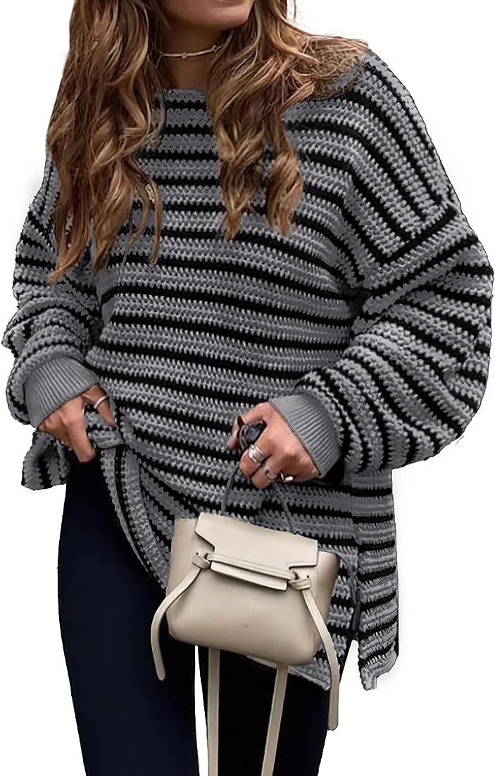 KIRUNDO Winter Women's Oversized Long Sleeve Striped Sweater Casual Crewneck Side Split Tunic Pul... | Amazon (US)
