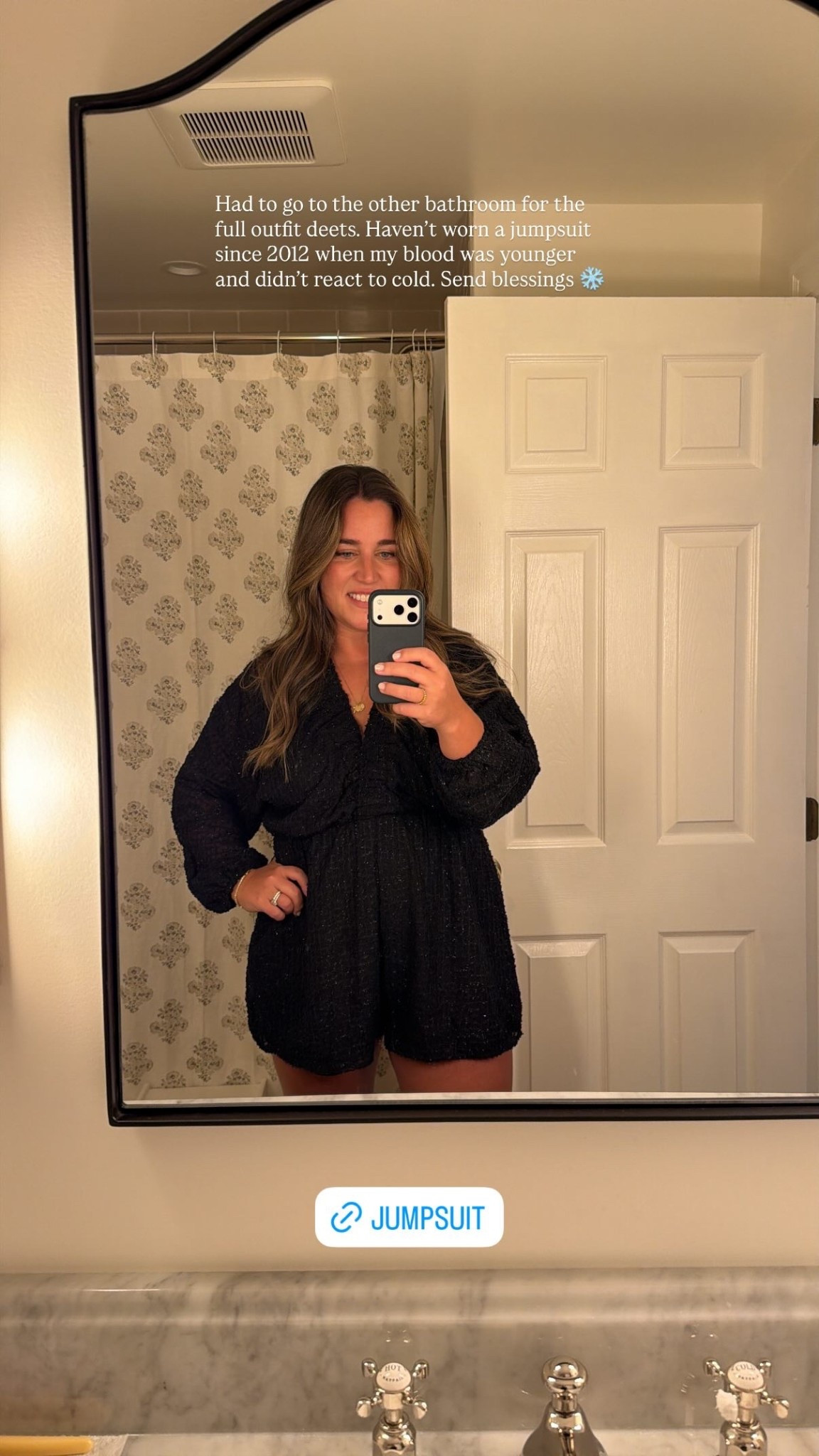 Had to go to the other bathroom for the full outfit deets. Haven’t worn a jumpsuit since 2012 when my blood was younger and didn’t react to cold. Send blessings ❄️