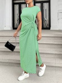 SHEIN Essnce Plus Size Round Neck Striped & Printed Tie Waist Dress With Side Slits, Summer | SHEIN