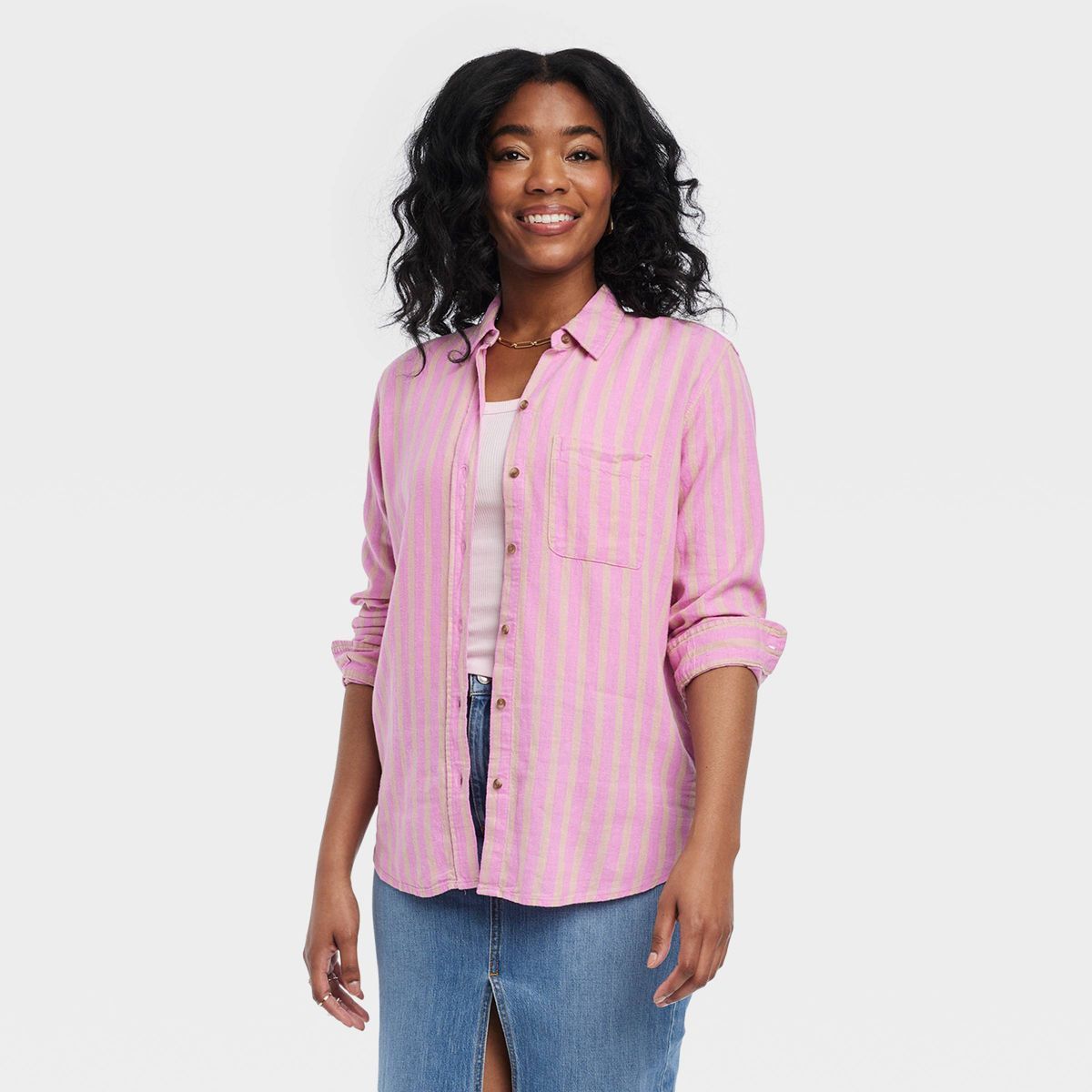 Women's Linen Long Sleeve Collared Button-Down Shirt - Universal Thread™ Pink Striped L | Target