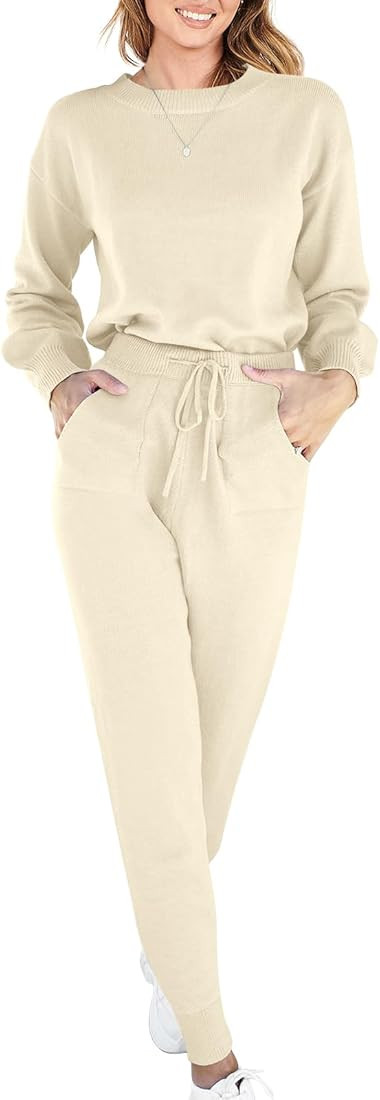 ANRABESS Women's Two Piece Outfits Sweater Sets Long Sleeve Pullover and Drawstring Pants Lounge ... | Amazon (US)