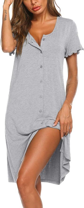 Ekouaer Women's Nightshirt Short Sleeve Button Down Nightgown V-Neck Sleepwear Pajama Dress | Amazon (US)