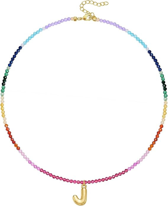 KissYan Beaded Initial Necklace for Women, 14K Gold Plated Bubble Letter Pendant Rainbow Gemstone... | Amazon (US)