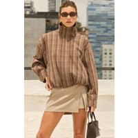 ASTR the Label | Cooper Funnel-Collar Bomber Jacket in Brown plaid |  Size S | ASTR The Label (US)