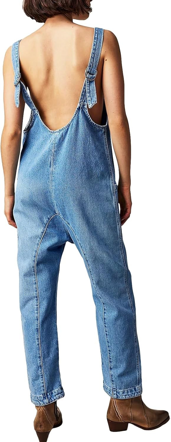 PLNOTME Women's Denim Overall Jumpsuits Sleeveless V Neck Adjustable Straps Jeans Long Pants Romp... | Amazon (US)