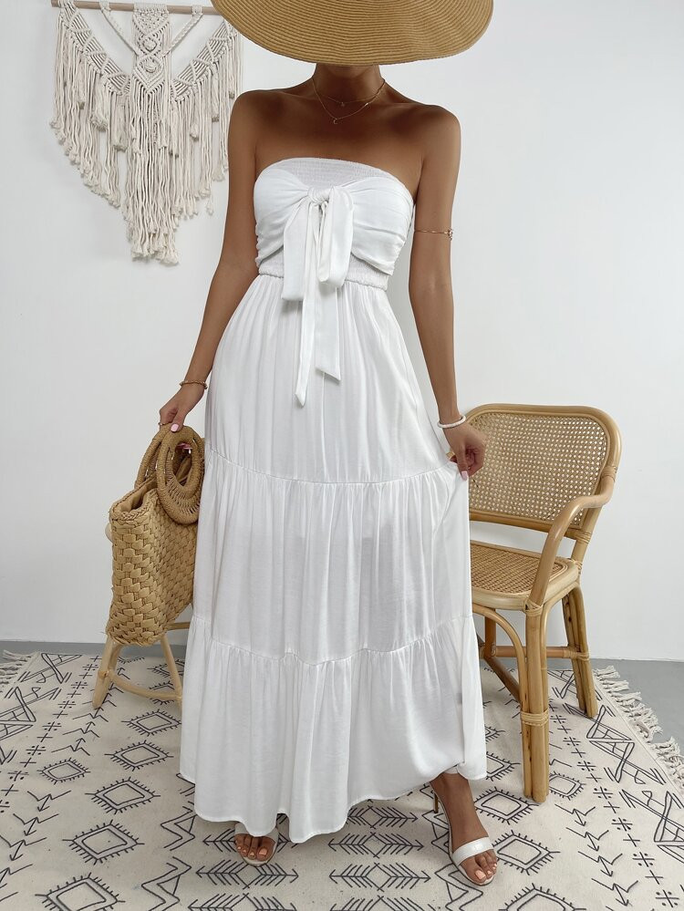 Tie Front Shirred Ruffle Hem Tube Dress | SHEIN