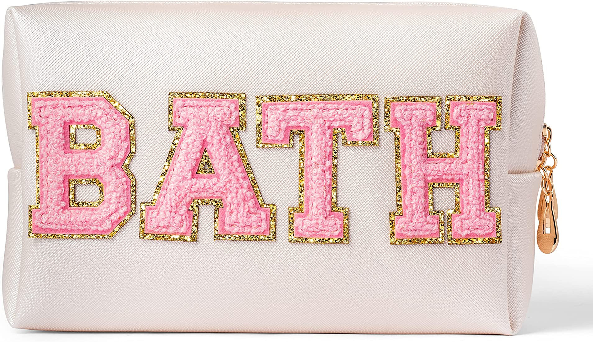 Y1tvei Preppy Patch BATH Letter Cosmetic Toiletry Bag PU Leather Portable Makeup Bag Sewn with Fe... | Amazon (US)