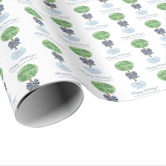 Happy Holidays Boxwood Ginger Jar Blue White Bow Wrapping Paper | Zazzle