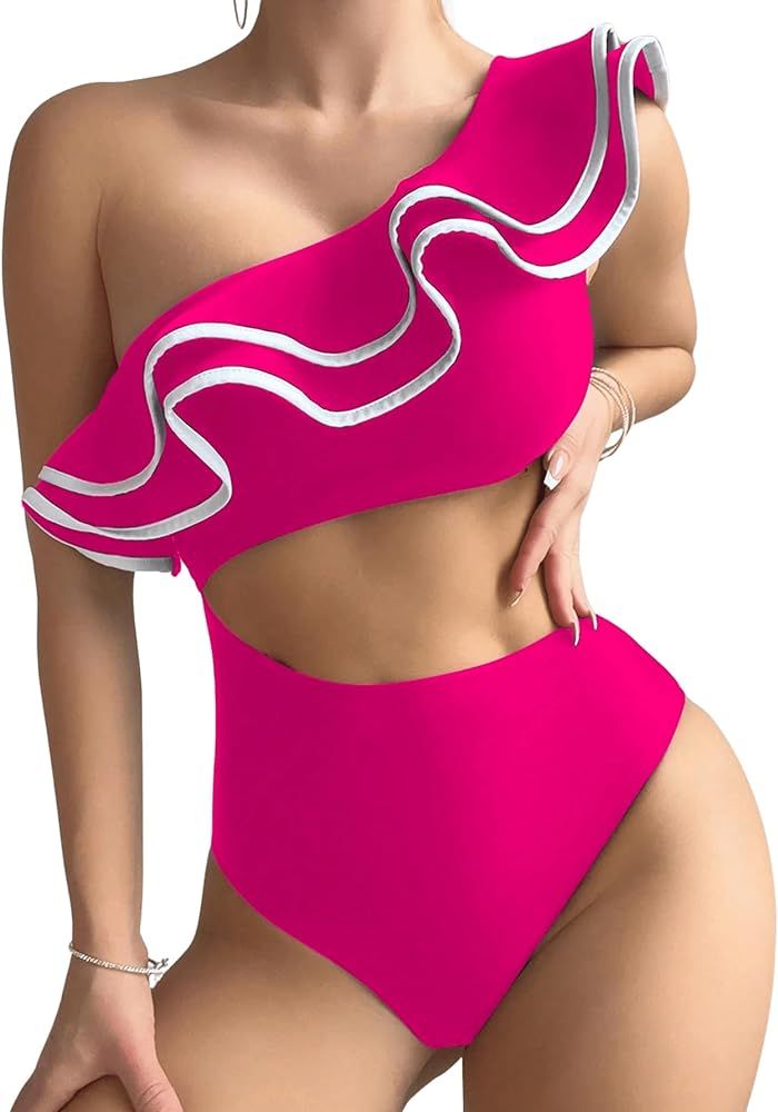 MakeMeChic Women's Cut Out One Shoulder One Piece Swimsuit Color Block Ruffle Layer Monokini | Amazon (US)