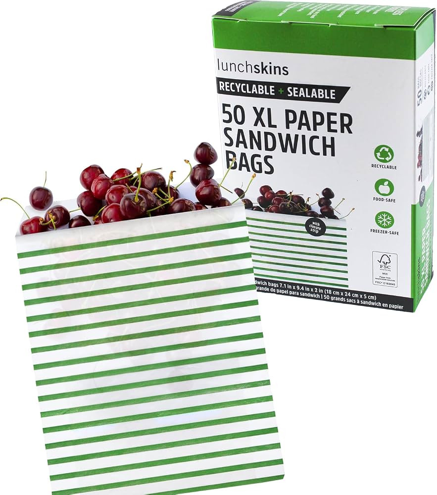 Lunchskins Recyclable & Sealable XL Sandwich Bags – 50 Count | Stripe Design | Eco-Friendly Foo... | Amazon (US)