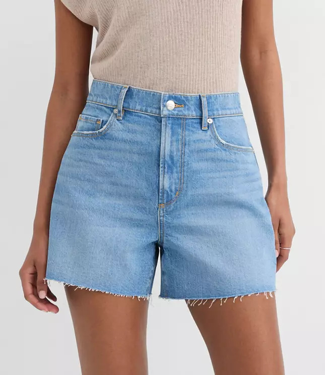 Rivete Tall Curvy High Rise Cut Off Denim Shorts in Mid Wash | LOFT