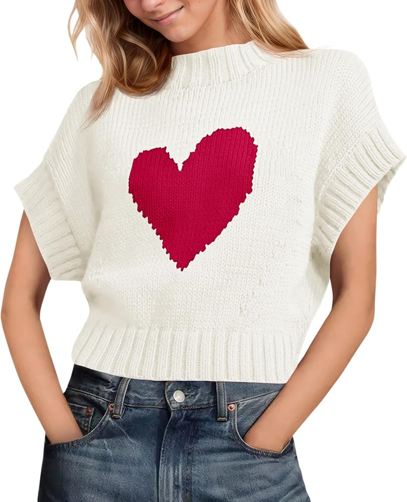Saodimallsu Womens Cap Sleeve Cropped Sweater Mock Neck Cute Heart Loose Valentine Knit Tank Tops | Amazon (US)