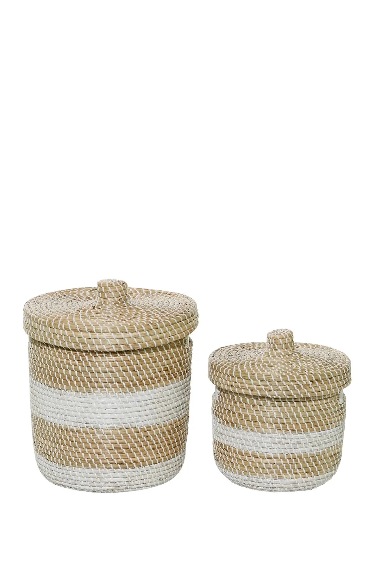 Willow Row | Small White And Natural Woven Striped Round Seagrass Basket with Lid - Set of 2 | No... | Nordstrom Rack