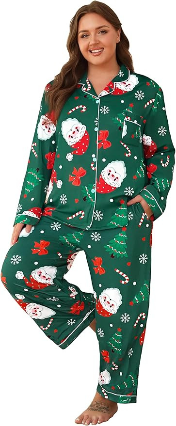 Vozanet Women's Plus Size Pajama Set Button Down Long Sleeve and Pants Lounge Sets with Drawstrin... | Amazon (US)