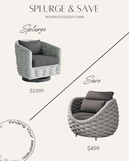 Splurge vs save home finds - woven modern outdoor patio lounge chairs. Get the designer look from Arhaus, or get the look for less with this Amazon home find. 

Arhaus outdoor // swivel patio chairs // modern patio chairs // Amazon outdoor // designer inspired home

#LTKHome #LTKSeasonal