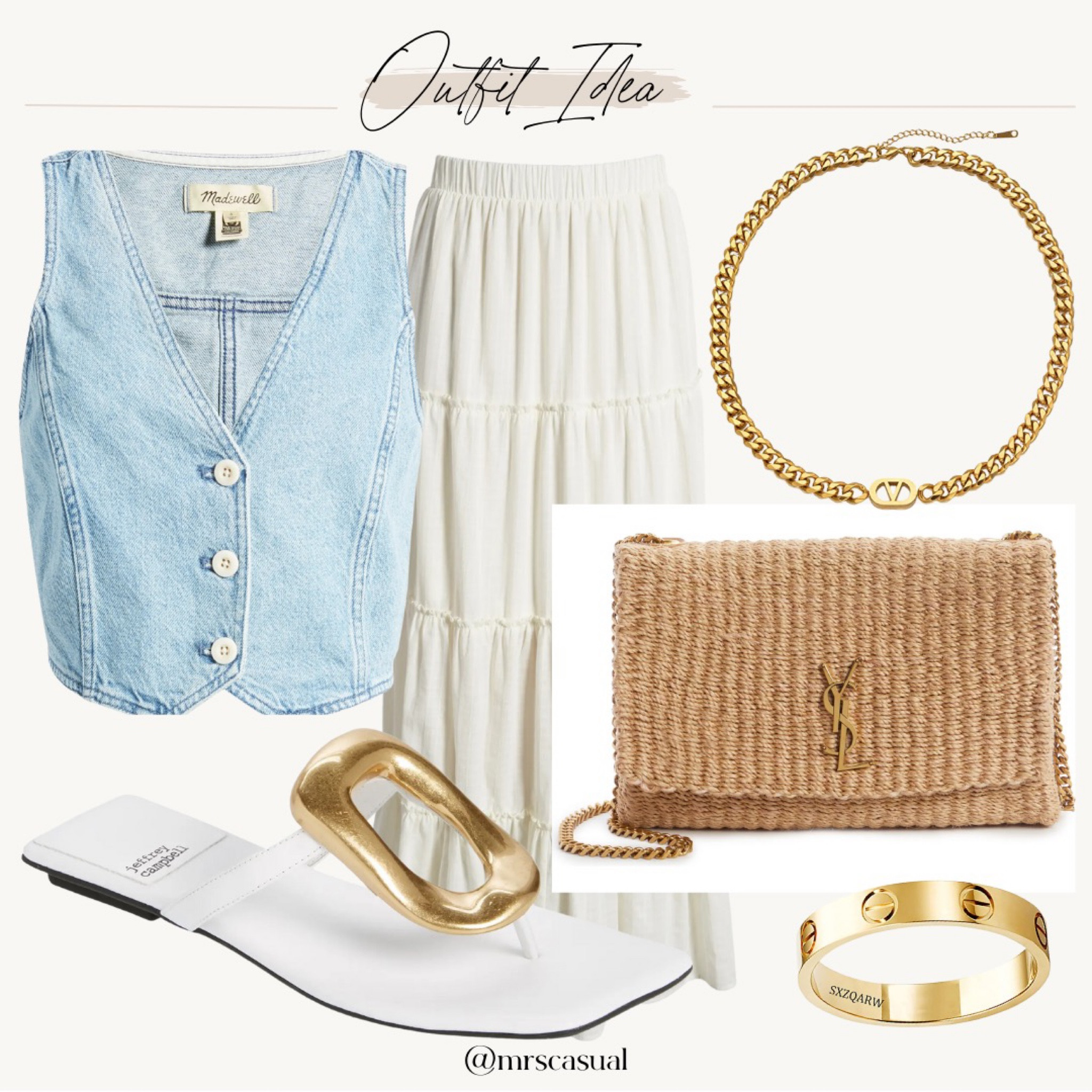 CUTEST denim vest for Summer. Love it paired with a white maxi skirt like this. These sandals are actually so comfortable and one of my favorite pairs #LTKFind 

#LTKshoecrush #LTKitbag
