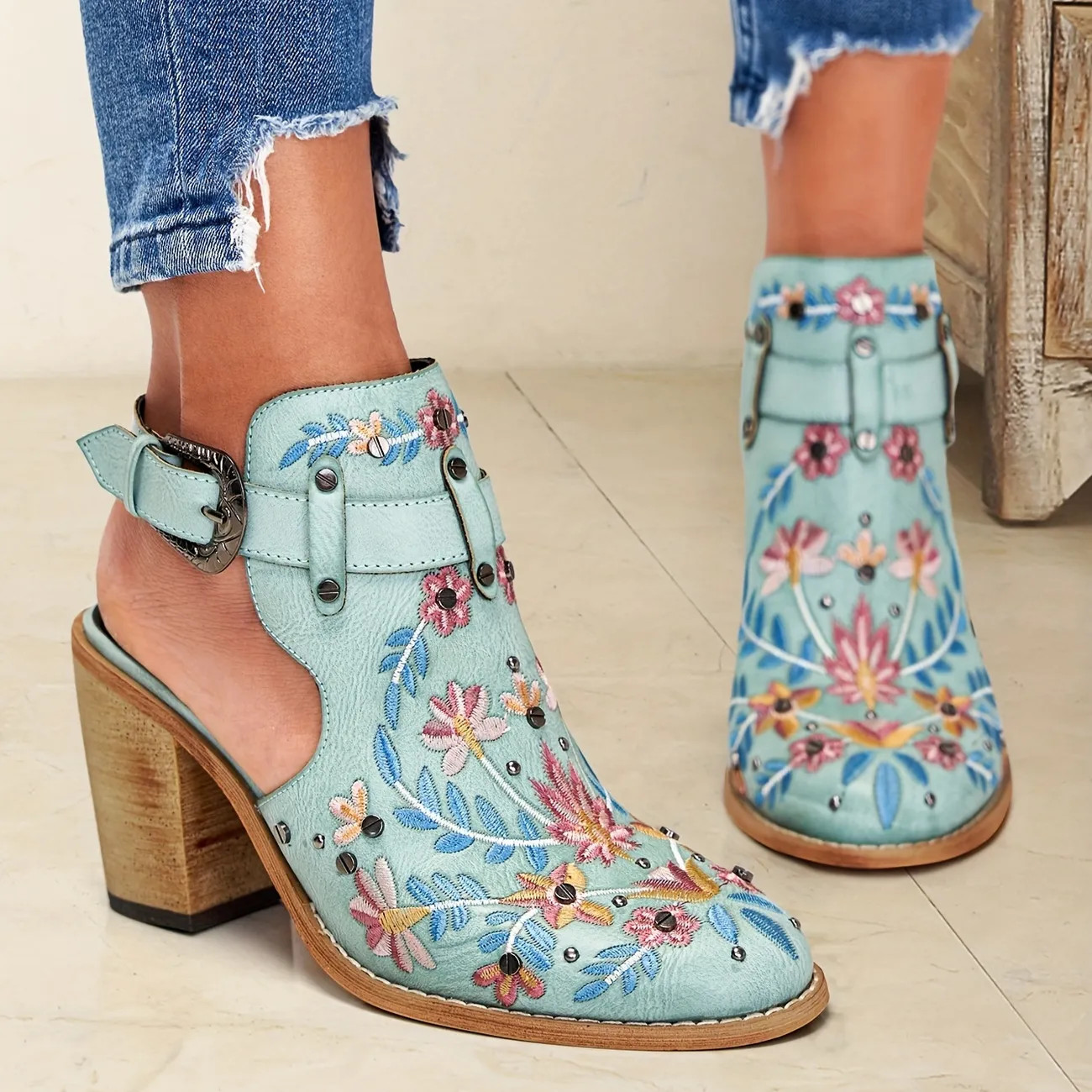 Women's Embroidered & Studded Decor Chunky Heeled Boots, Slingback Faux Leather Ankle Boots, Wome... | Temu Affiliate Program
