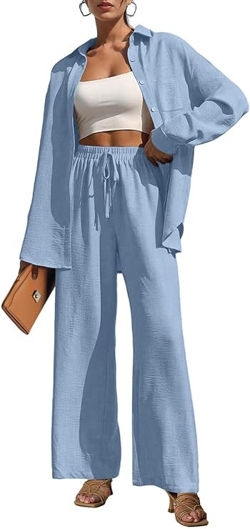 Lepunuo 2 Piece Outfits for Women Casual Lounge Sets Long Sleeve Button Down Shirts and Wide Leg ... | Amazon (US)
