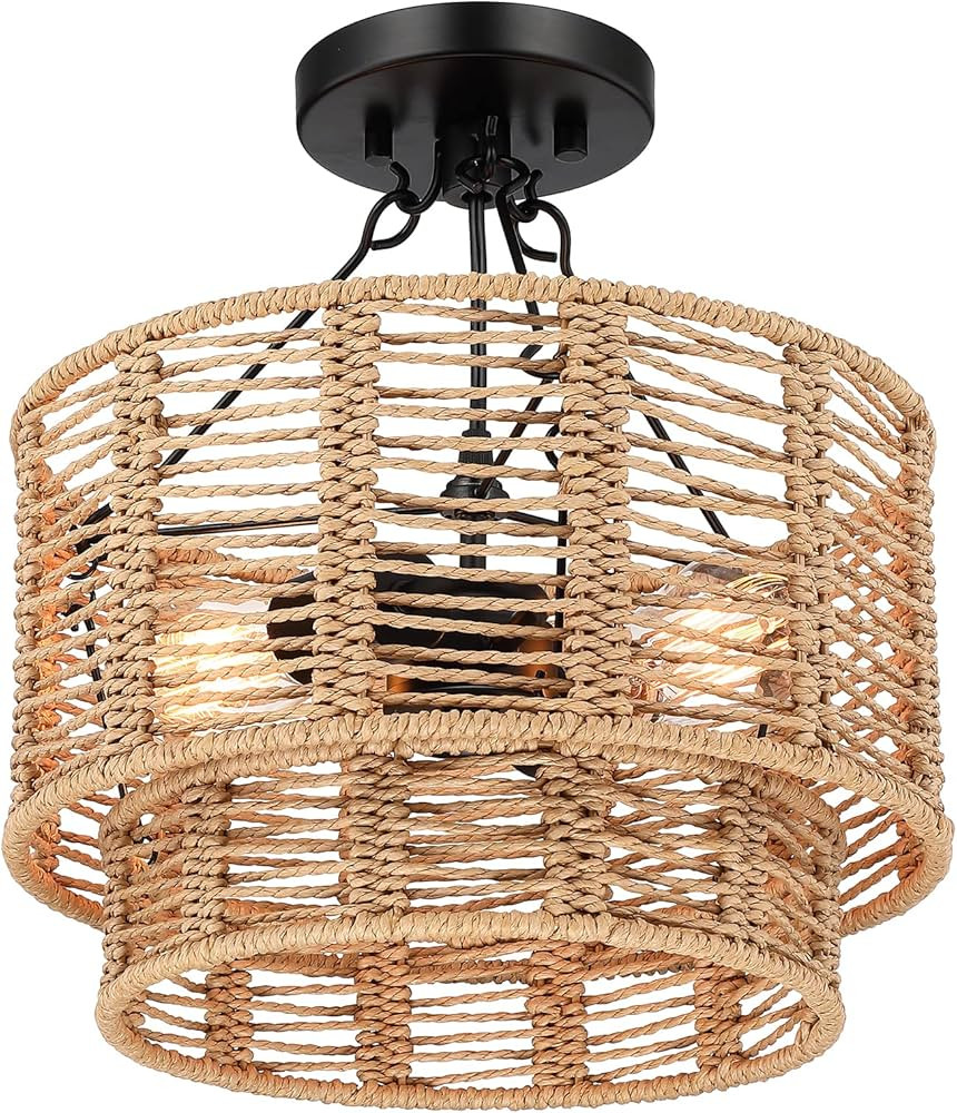 Hermasgi 12.6'' Farmhouse Rattan Semi Flush Mount Ceiling Light,Boho Light Fixtures with 2-Tier D... | Amazon (US)