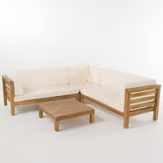 Oana Teak Brown Finish 4-Piece Wood Outdoor Patio Sectional Set with Beige Cushions | The Home Depot