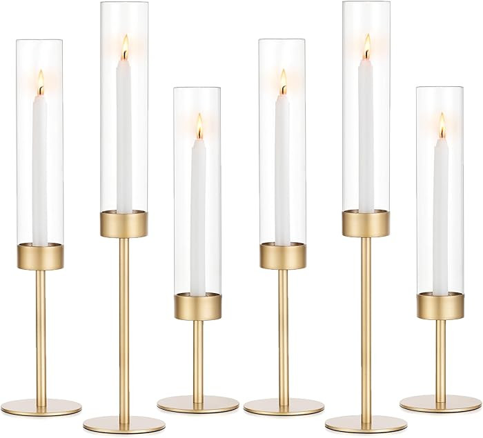 Glass Hurricane Candlestick Holders Gold - Romadedi Set of 6 Taper Candle Holder Bulk Tall Clear ... | Amazon (US)