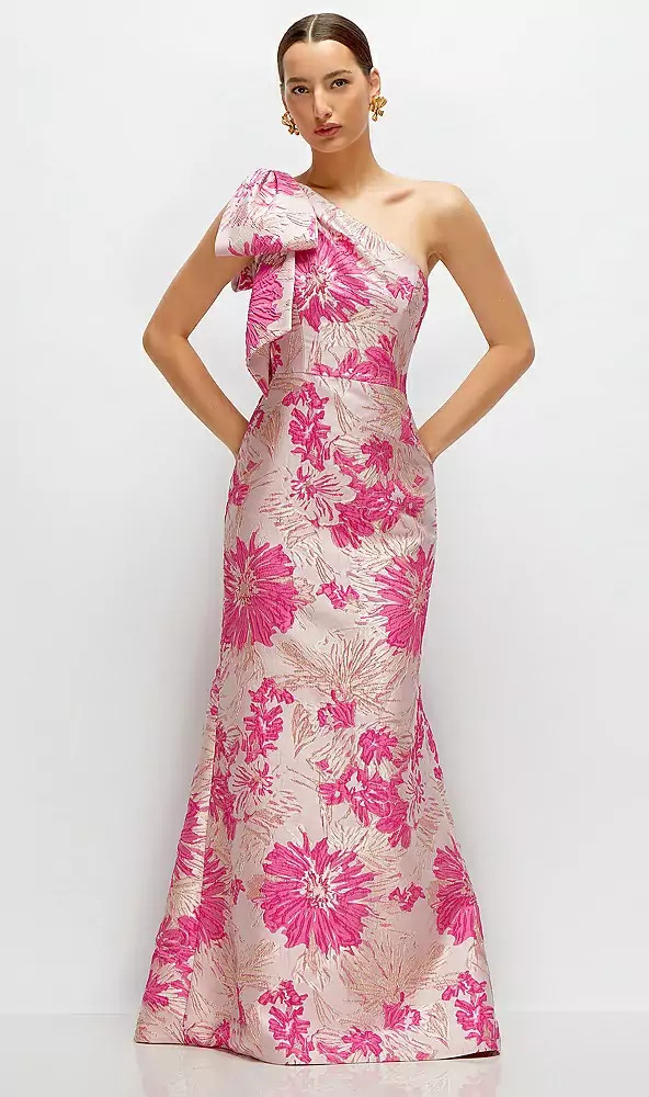 Hibiscus Pink Bow One-Shoulder Floral Jacquard Maxi Dress with Trumpet Skirt in Hibiscus Pink Mul... | Dessy Group