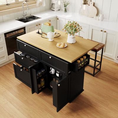 GDFStudio Wesa Farmhouse Extendable Rubberwood Kitchen Island on Wheels with Drop Leaf and 2 Seatings, Black | Target