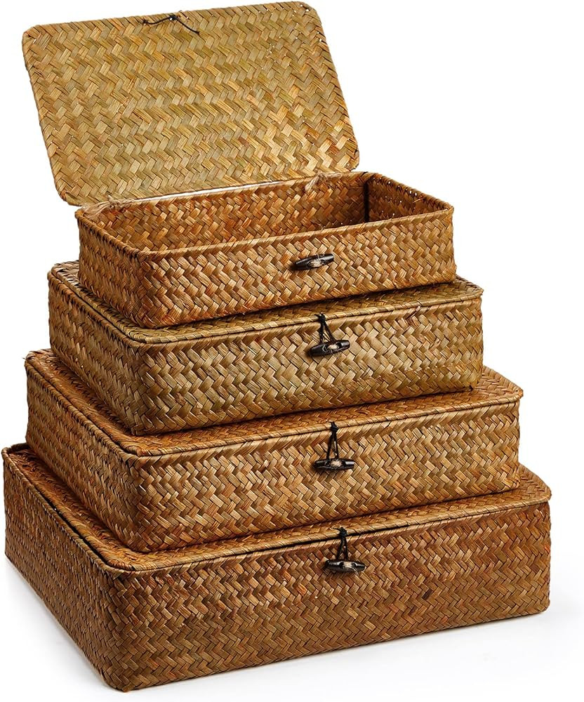 Set of 4 Seagrass Basket with Lid Wicker Storage Basket Decorative Storage Boxes with Lids Flat S... | Amazon (US)