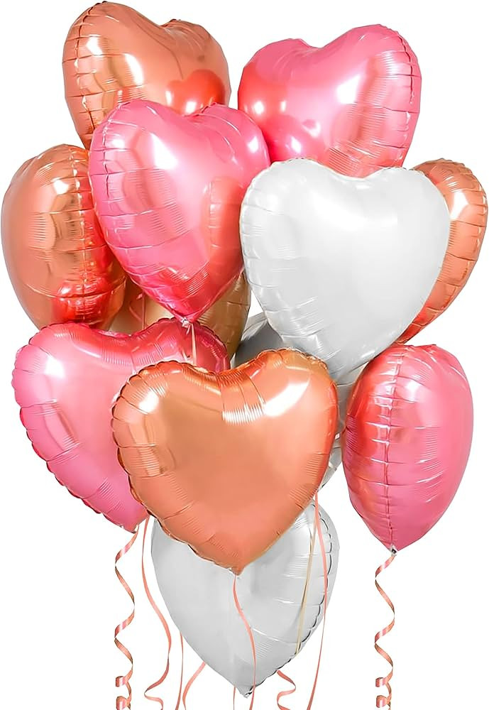 KatchOn, Rose Gold, White Pink Heart Balloons Foil - 18 Inch, Pack of 12 | Heart Shaped Balloons,... | Amazon (US)