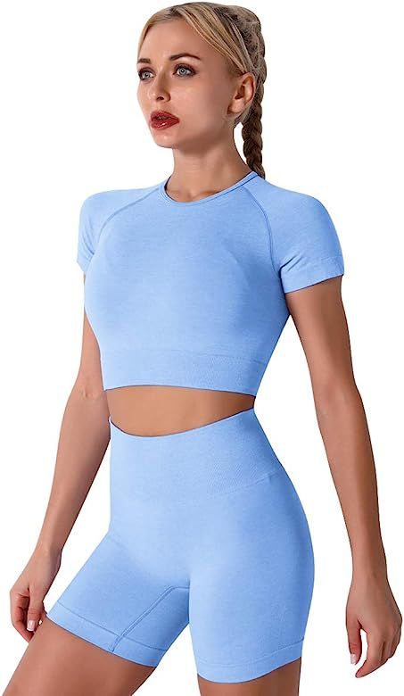 Women Seamless Yoga Outfits 2 Piece Workout Short Sleeve Crop Top with High Waisted Running Shorts S | Amazon (US)