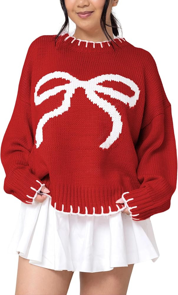 Womens 2025 Fall Sweater Long Sleeve Crewneck Cropped Knit Sweaters Plus Size Cute Bow Pullover T... | Amazon (US)
