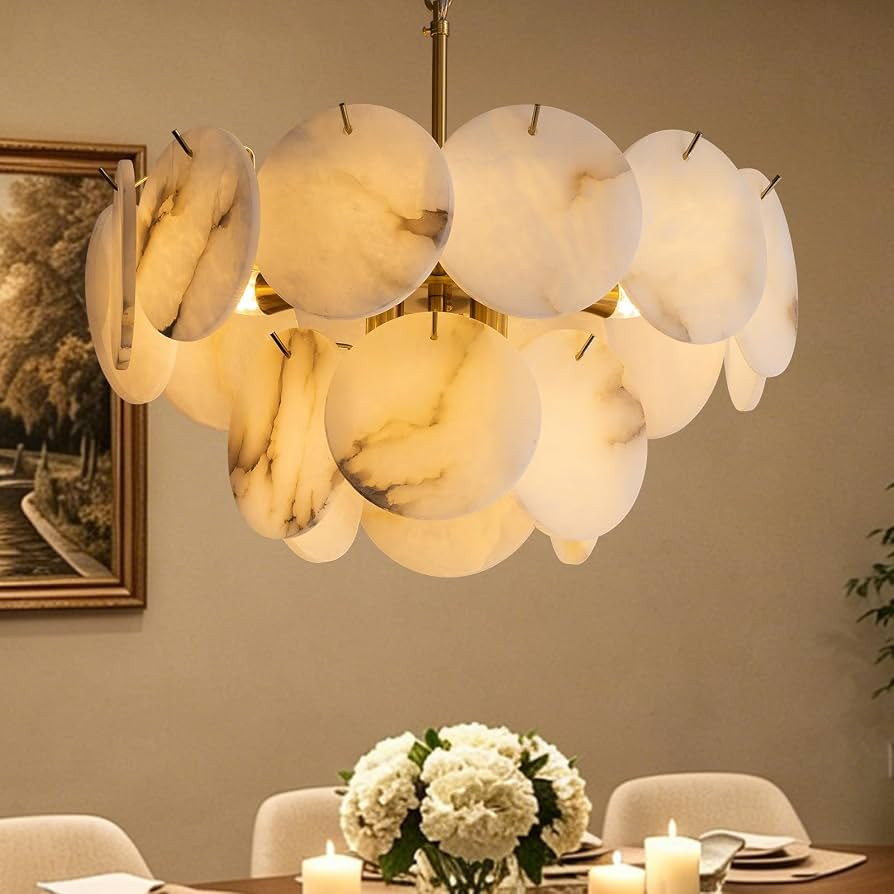 Alabaster Round Chandelier, 20 Inch Natural Spanish Alabaster Stone Texture Luxury Chandelier, 8-... | Amazon (US)
