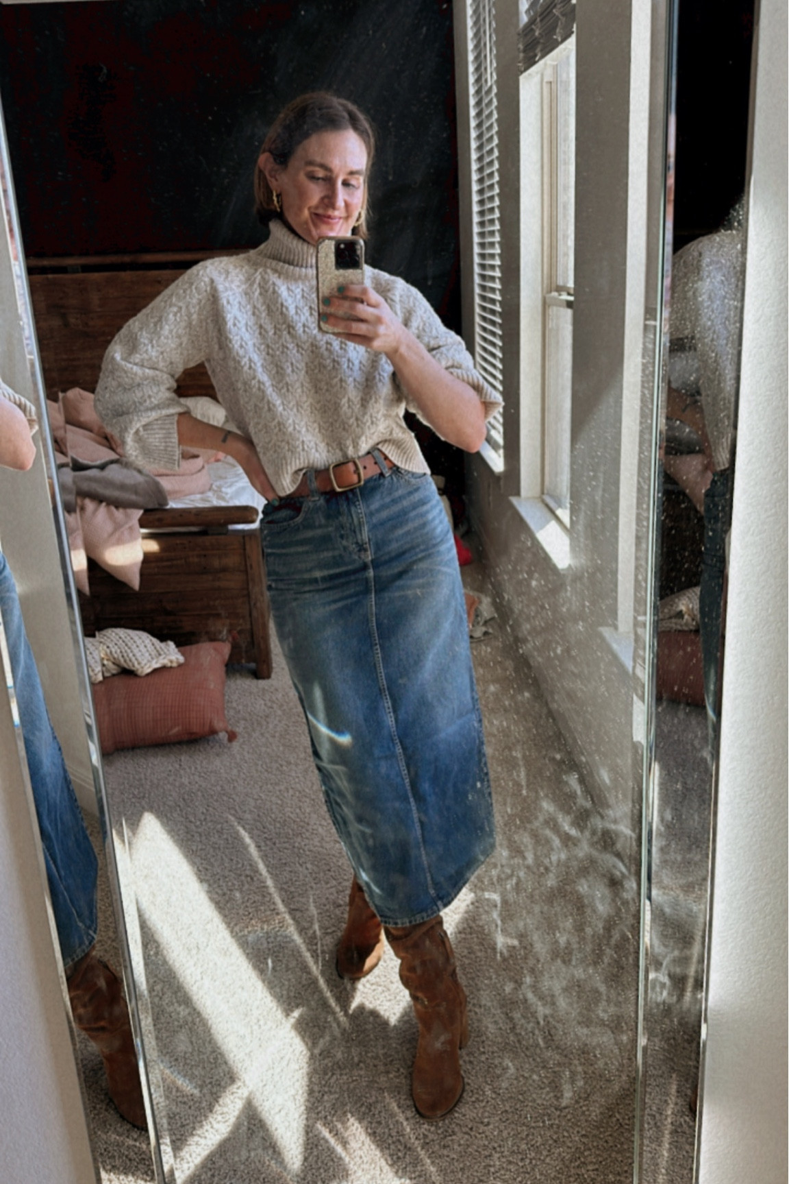 Wearing a size 6 in the denim skirt, my normal size. Can’t believe it’s only $34, you guys!!! It also comes in a washed gray color 👀 in the cozy sweater I’m wearing a Medium in also. They pair perfectly together for a full winter outfit! 

#LTKSeasonal #LTKfindsunder50 #LTKstyletip
