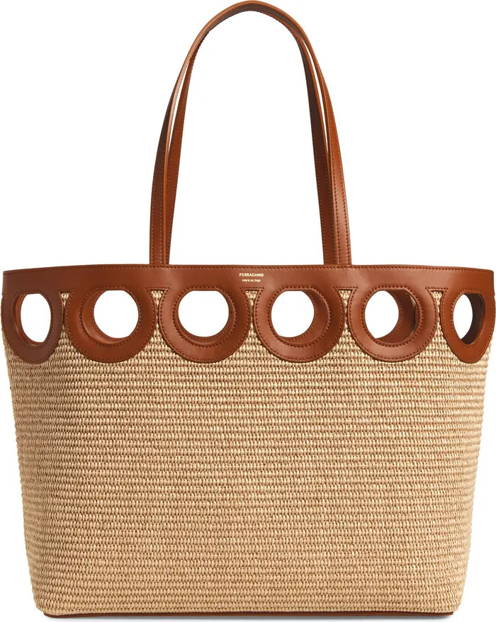 FERRAGAMO Medium Gancini Frame Perforated Raffia & Leather Tote | Nordstrom | Nordstrom