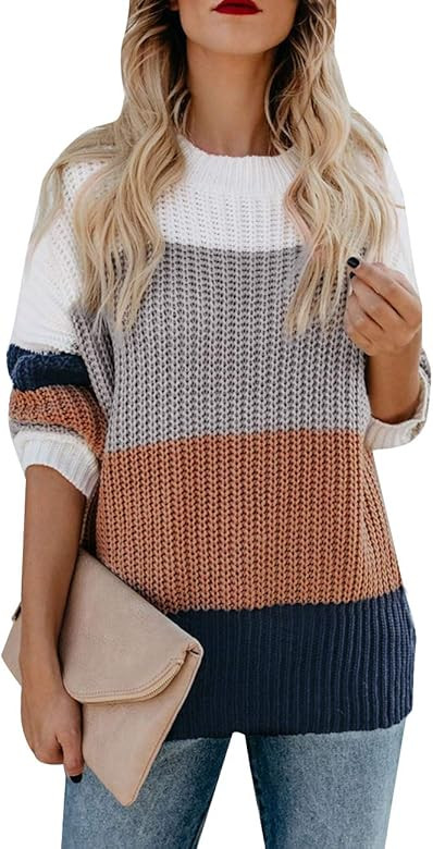 Women's Crew Neck Long Sleeve Color Block Knit Sweater Casual Pullover Jumper Tops | Amazon (US)
