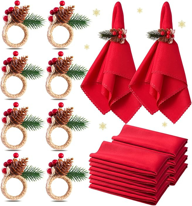 Christmas Napkins Cloth Set of 8 and Christmas Napkin Rings Set of 8, 16 PCS Evergreen Snowy Pine... | Amazon (US)
