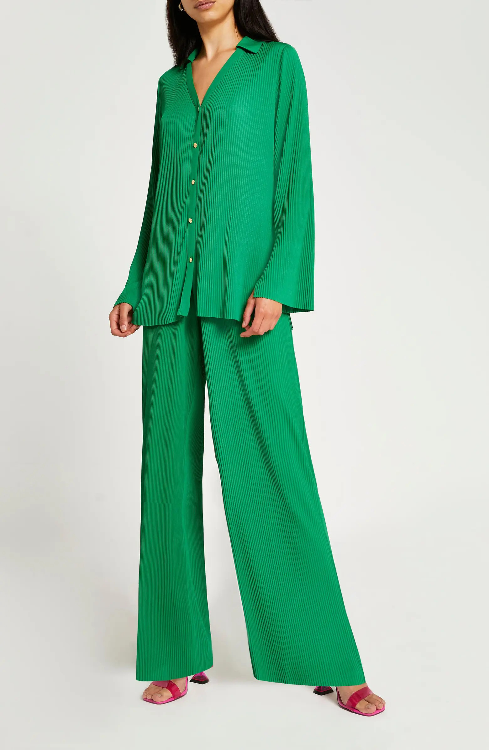 River Island Wide Sleeve Plissé Button-Up Shirt | Nordstrom | Nordstrom