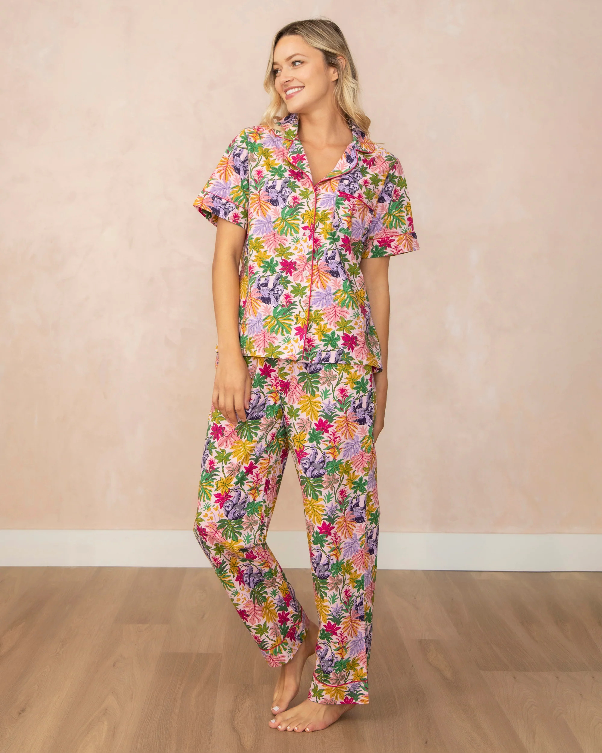 Snoozing Sloths - Short Sleep Top & Long Pants Set - Rose | Printfresh