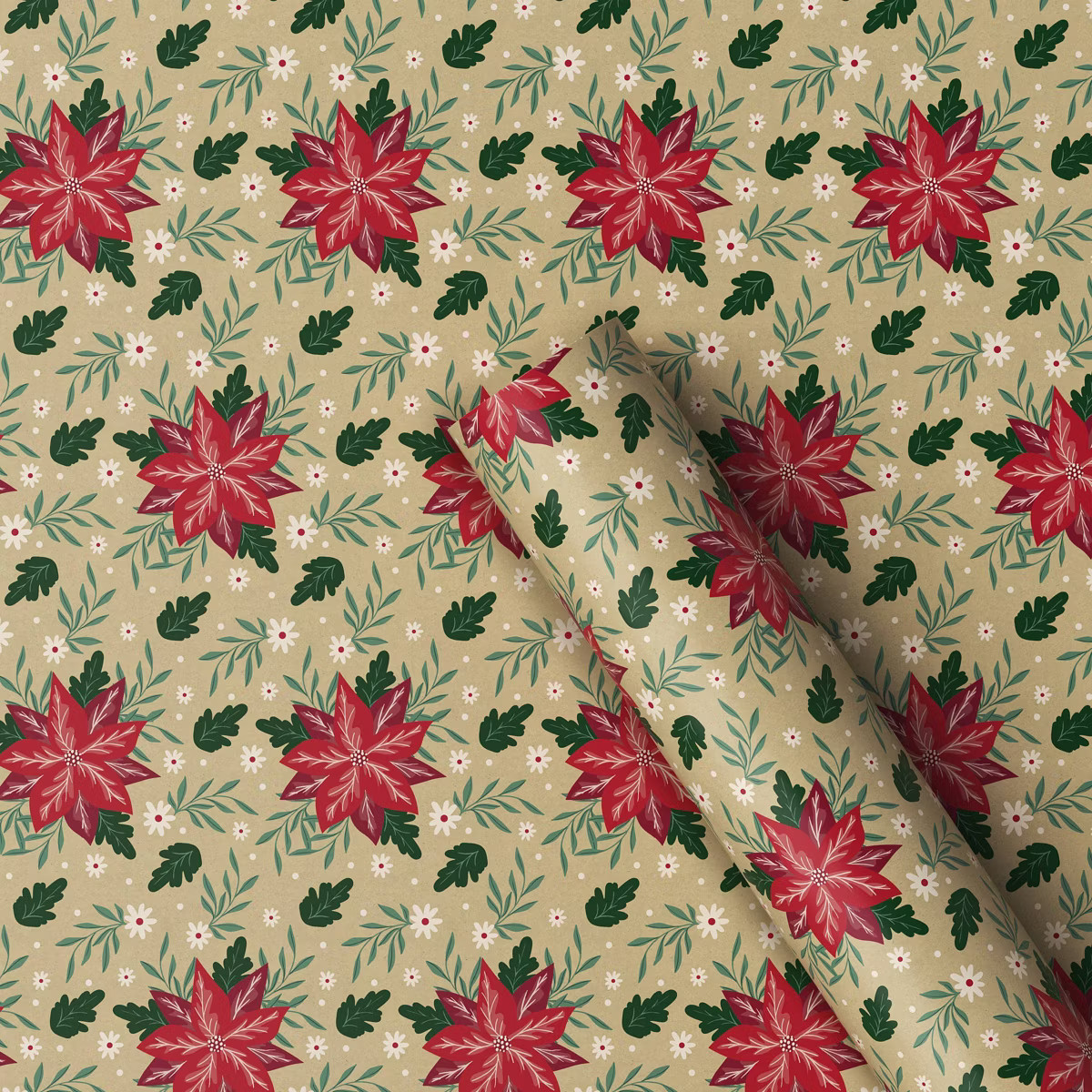 30" 25 sq ft Christmas Roll Wrap Poinsettias on Beige - Wondershop™ | Target