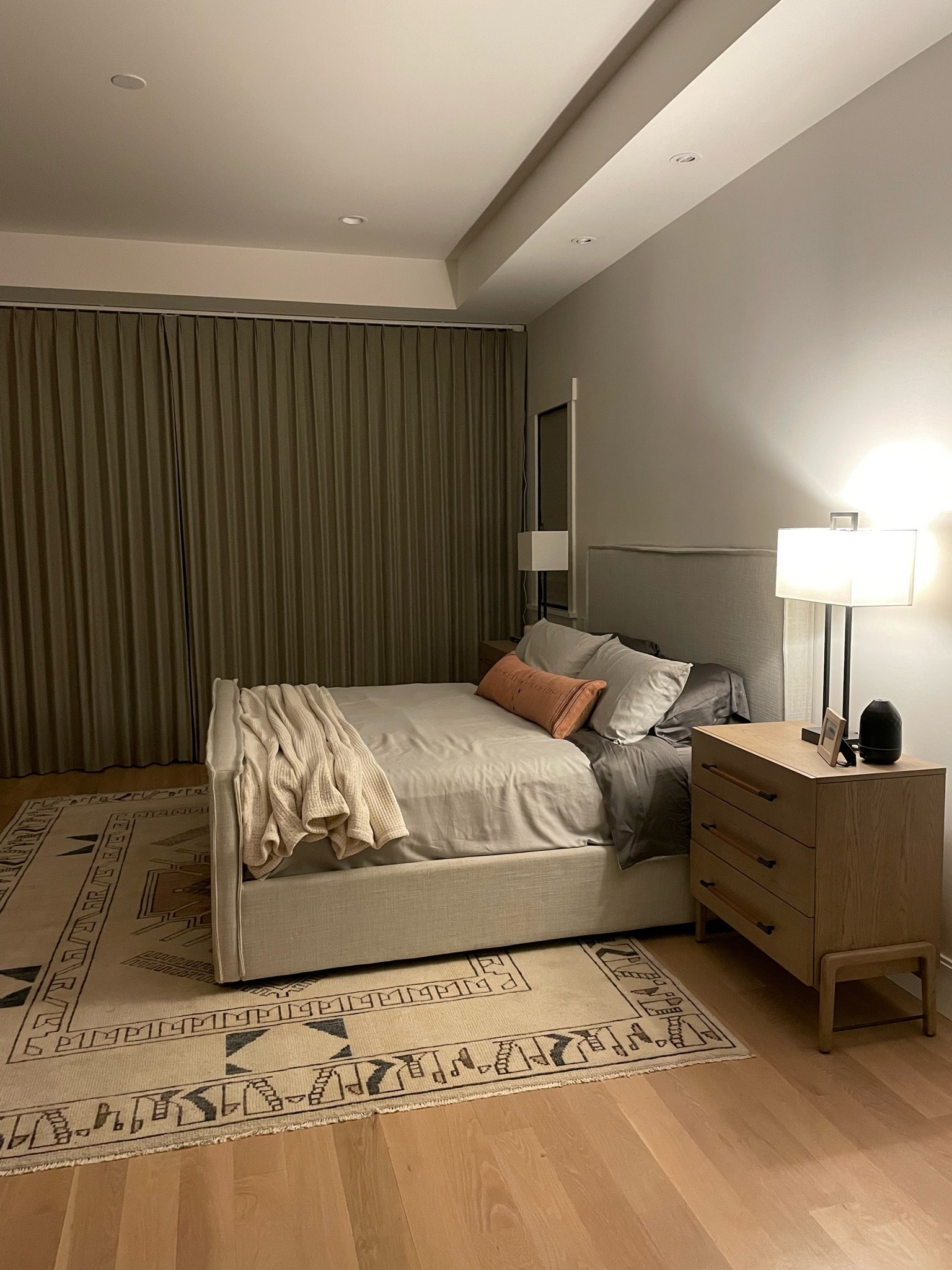 Primary bedroom   Cozy Earth bedding, Lulu and Georgia rug. 